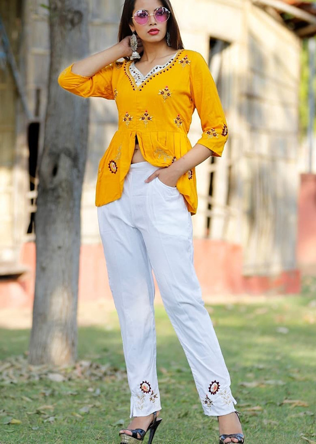 Short kurti and pant with stylish embroidery