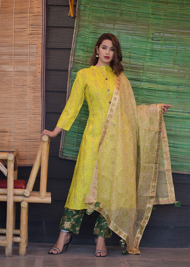 Mustard-Yellow Embellished With Embroidered Muslin Kurti Pant Set With