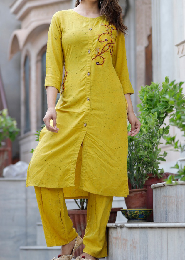 RE  Yellow Rayon Kurti with palazzo  Latest Salwar Suits  New In  Indian