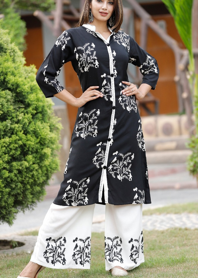 Buy Black Rayon Daily Wear Embroidery Work Kurti With Palazzo Online From  Wholesale Salwar.