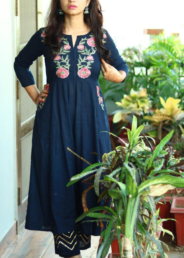 Blue kurti and blue pant with embroidery and prints - Kurti Fashion