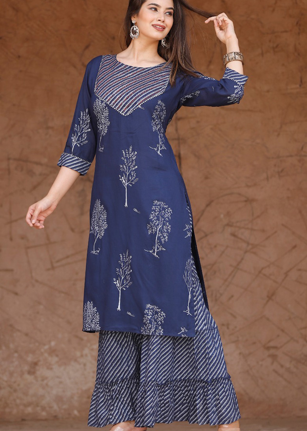 Blue printed kurti and palazzo with gota lace and handwork - Kurti Fashion