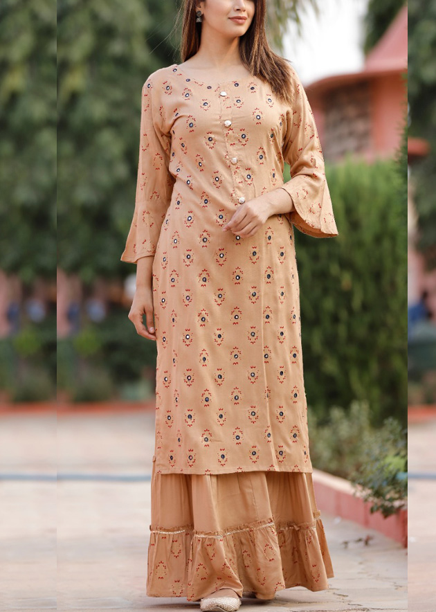 Beige Embroidered With Embellished Rayon Kurti Pant Set