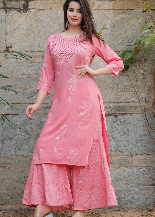 RAYON PINK KURTI WITH YELLOW PLAZO at Rs.749/Piece in surat offer by Jeenal  Enterprise