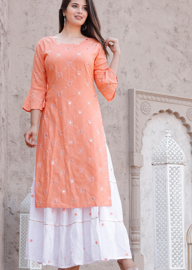 Pink kurti with foil mirror work and skirt with embroidery  Kurti Fashion