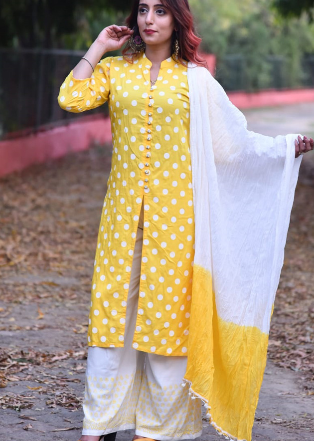 Women's Yellow Colour Cotton Printed Kurta Palazzo Set - Ahalyaa | Kurta  palazzo, Women salwar suit, Shades of yellow