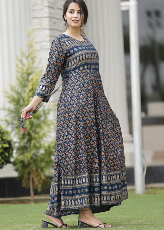 Dark brown long gown with beautiful gold prints deep back and tassels   Kurti Fashion