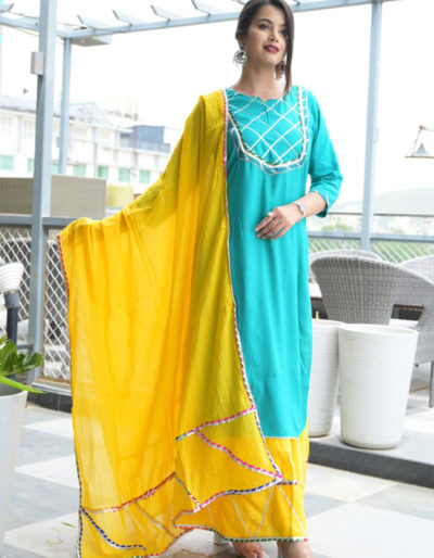 Blue kurti with yellow skirt