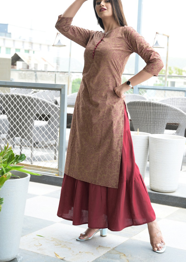 34th Sleeve Ladies Pink Jaipuri Cotton kurti With Long Skirt