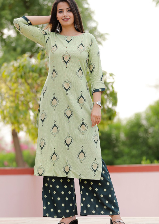 Buy Navy Blue foilPrinted Chanderi Silk Casual Readymade KurtiPants Suit  From Ethnic Plus